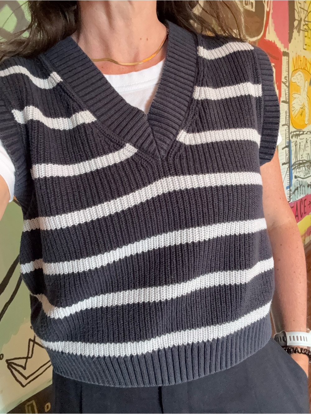 MANGO MNG Striped Knit Sweater Vest V-Neck Navy Grey M L